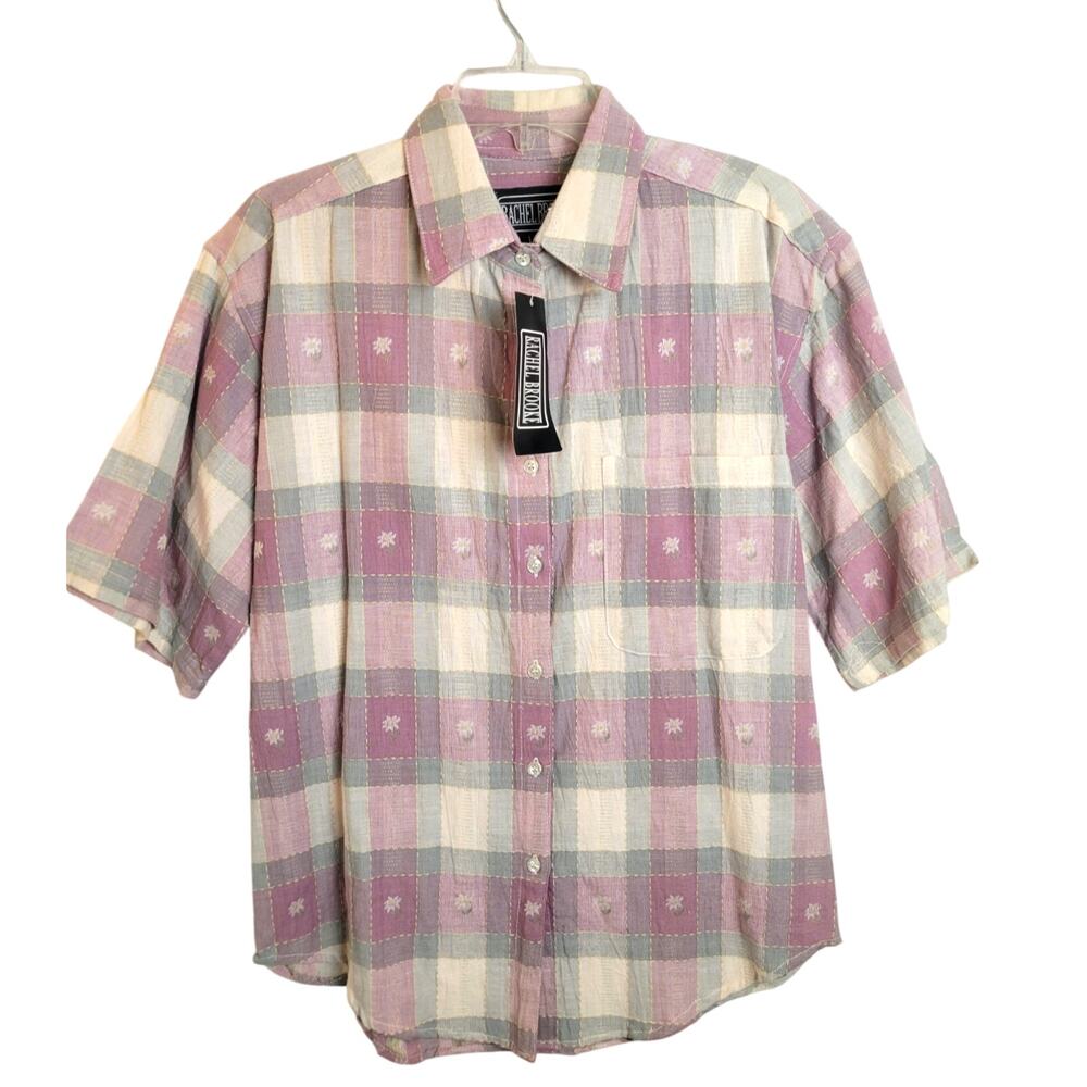 NWT VTG Rachel Brooke Button Down Shirt Pink Plaid Daisies Women's Size Small